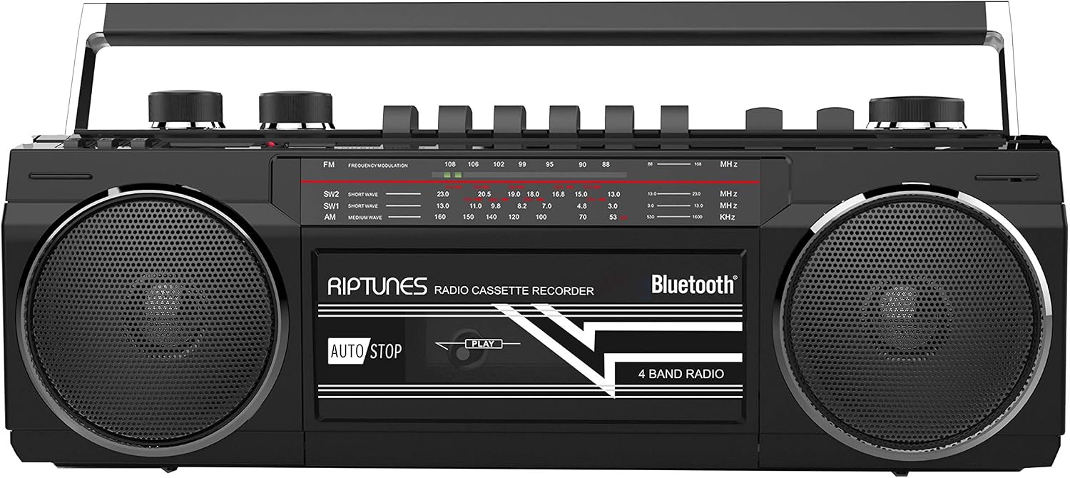 Riptunes Cassette Boombox, Retro Blueooth Boombox, Cassette Player and Recorder, AM/FM/SW-1-SW2 Radio-4-Band Radio, USB, SD, and Aux in, Black