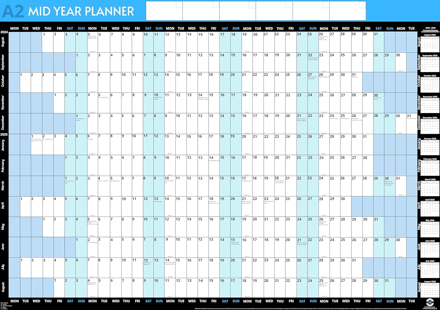 A2 Size 59.4 x 43cm | Yearly Academic Wall Planner 2025/2026 | Wall Calendar 2025 Planner | Year Chart 2025 | Academic 13 Month Mid Year Calendar from Aug 2025-Aug 2026 with Mini 2027 Yearly Calender