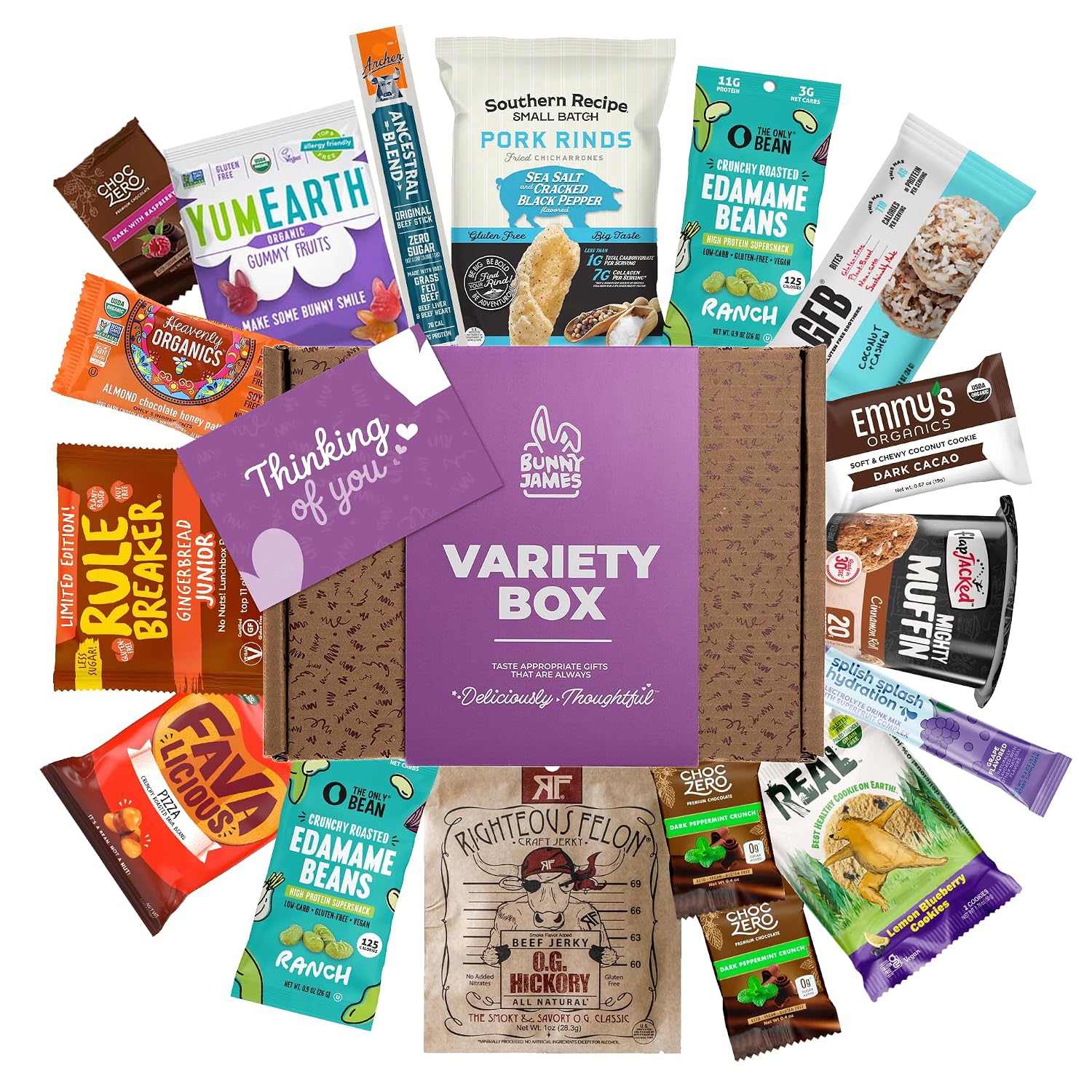 Thinking of You Snack Gift Box – Variety of Sweet & Savory Gourmet Snacks for Adults – Assorted Healthy Treats, Jerky, Cookies, Bars, and Candy – Care Package for Friends, Family, Coworkers
