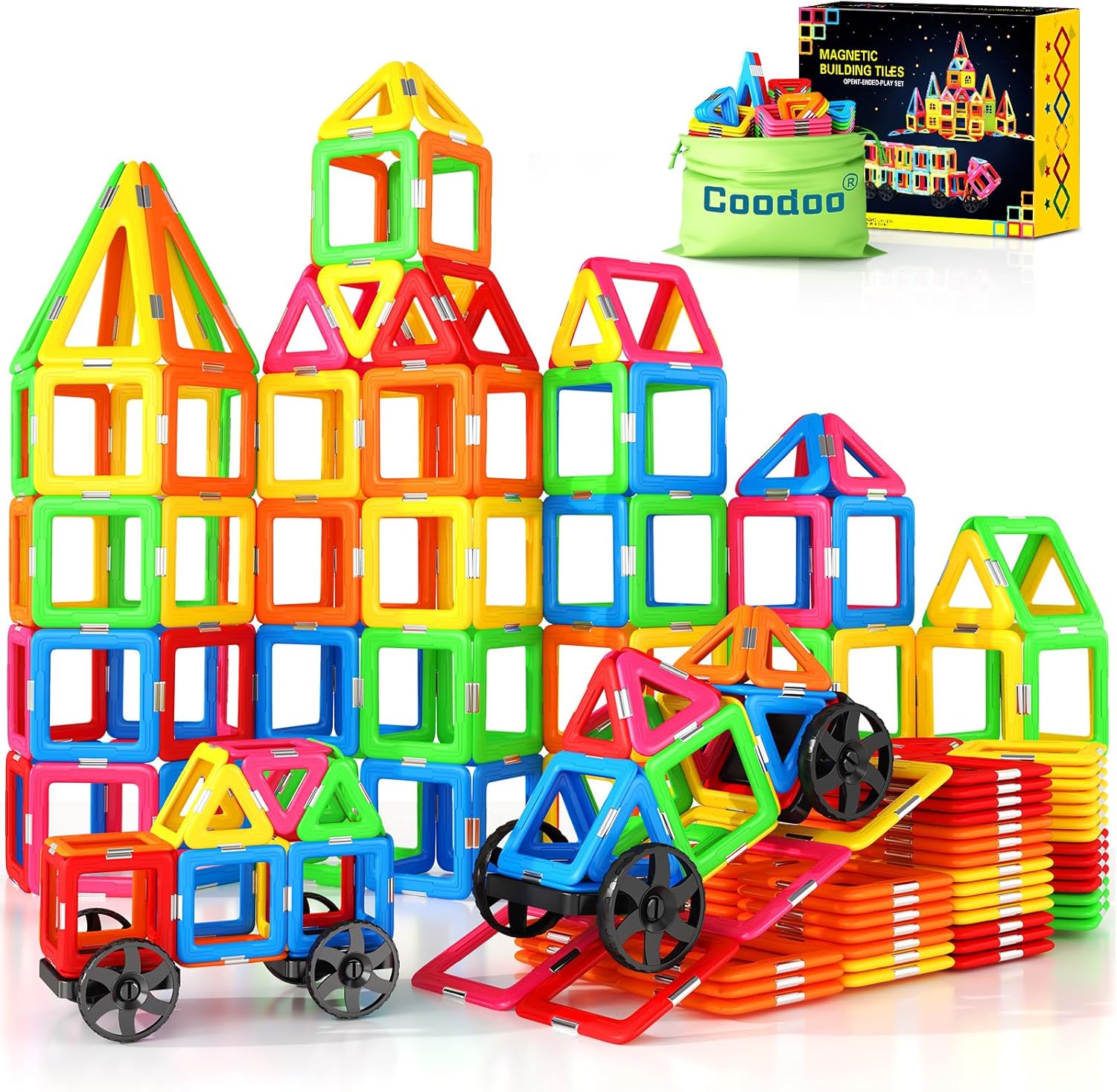 Coodoo Magnetic Tiles with 2 Cars Toys for 3 4 5 6 7 8+ Year Old Boys Girls, Magnetic Blocks Building Set for Toddlers STEM Creativity Educational Toys for Kids Age 3-6