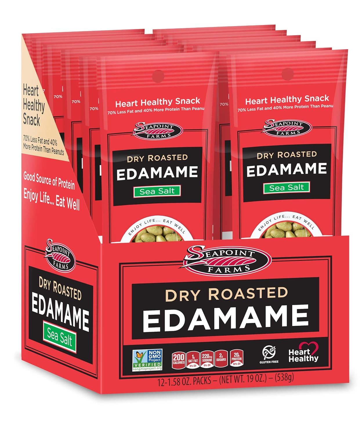 Seapoint Farms Dry Roasted Crunchy Edamame, Plant Based Snack, 20g Protein, 2 Ingredients, 0 Added Oils, Vegan, Gluten Free, Kosher, Keto Friendly, Non-GMO, On-the-Go Snacking, Sea Salt, 1.58 oz (Pack of 12)