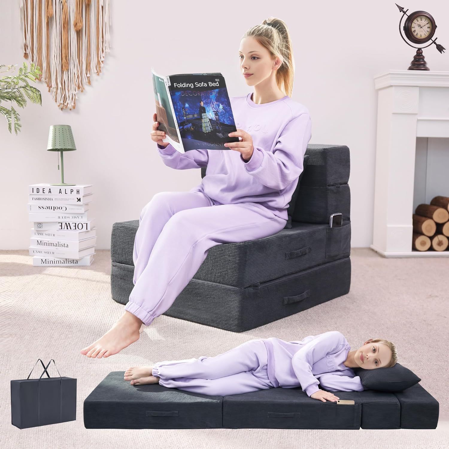 Folding Sofa Bed, 4 in 1 Convertible Sleeper Chair with Pillow, Single Memory Foam Fold Out Chair Bed, Modern Floor Futon Sofa Couch Mattress for Living Room/Guest/Apartment, Dark Grey
