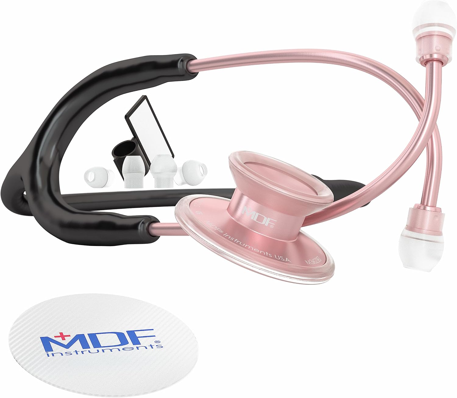 MDF Instruments, Acoustica Lightweight Stethoscope for Doctors, Nurses, Students, Home Health Use, Adult, Dual Head, Black Tube, Rosegold (Matte Finish) Chestpiece-Headset, MDF747XPRG11