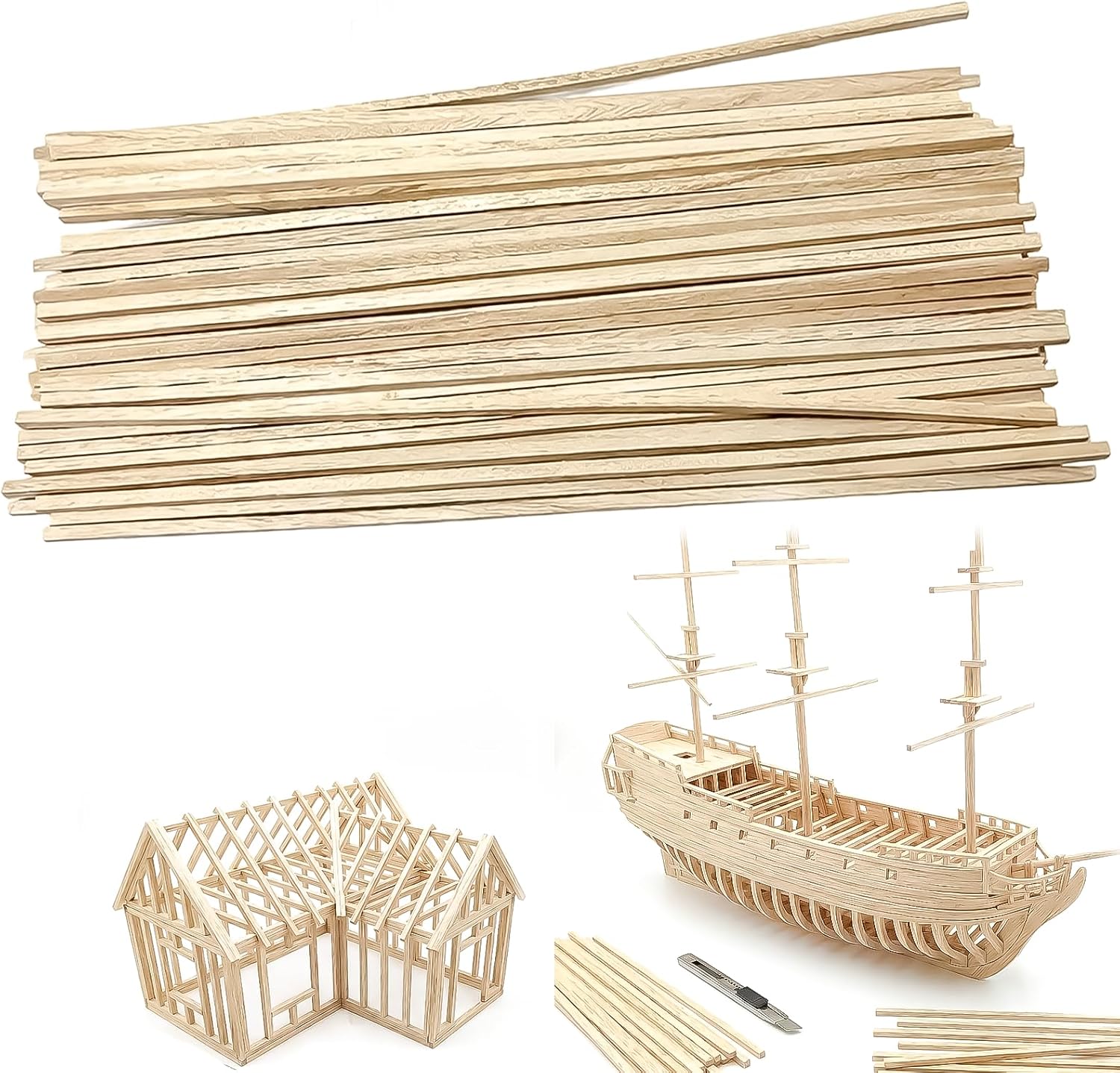 100 Pcs Balsa Wood Sticks, Square Dowel Strips for Model Making, 3x3x300mm Unfinished Rods, Architecture Materials