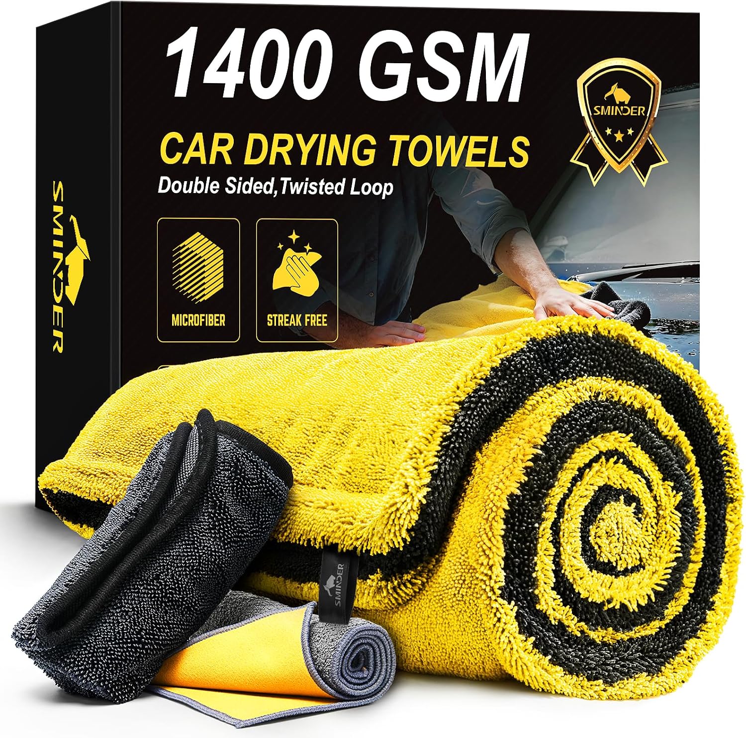 SMINDER 1400 GSM Car Drying Towels Car Detailing– XXL Microfiber Towels for Cars, Trucks (48" x 24"), Ultra-Absorbent, Streak-Free, Scratch-Free, No Water Spots, Double-Twist Pile & Edgeless Design