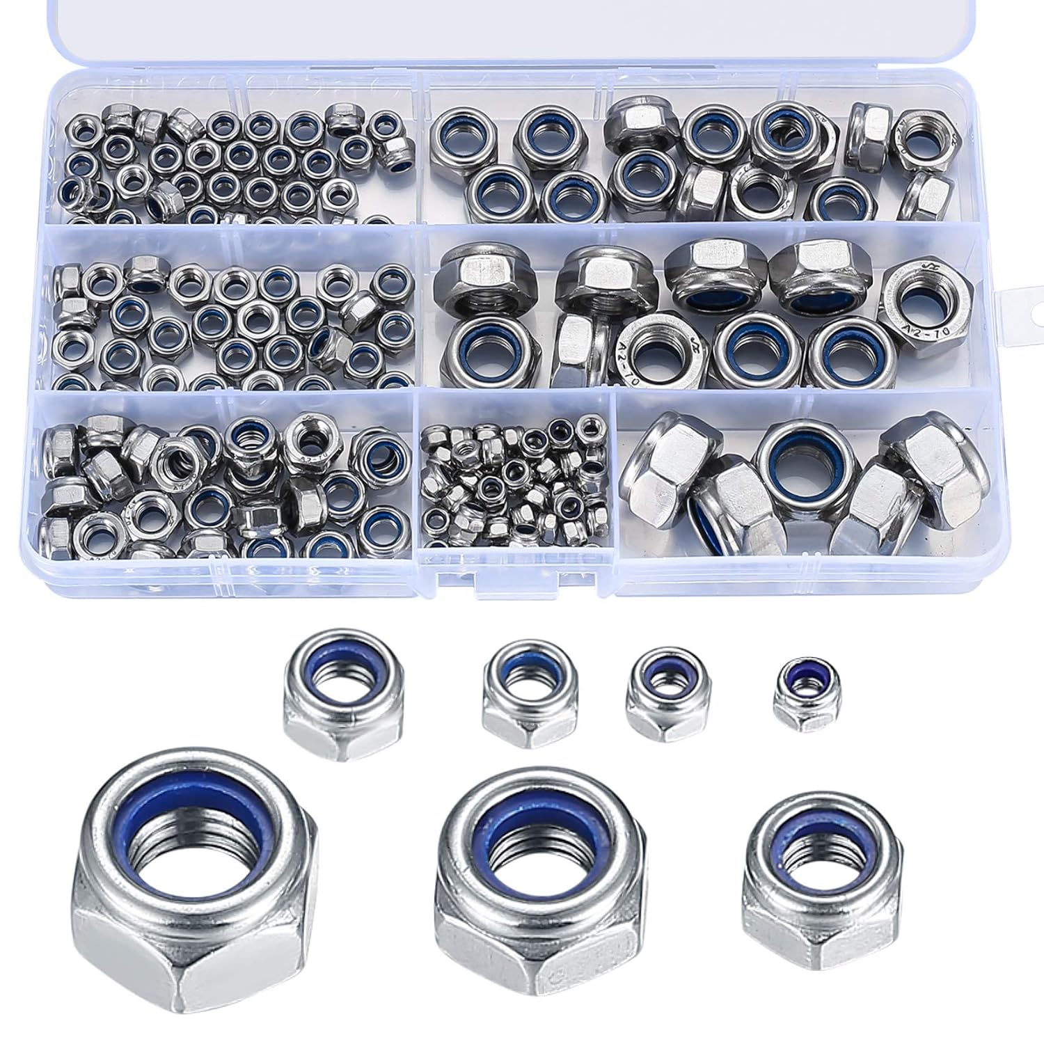 165 Pcs Locknut Assortment, Stainless Steel Lock Nuts, M3 M4 M5 M6 M8 M10 M12 Threaded Inserts Hex Nut Set, Assorted Nylon Locking Nuts
