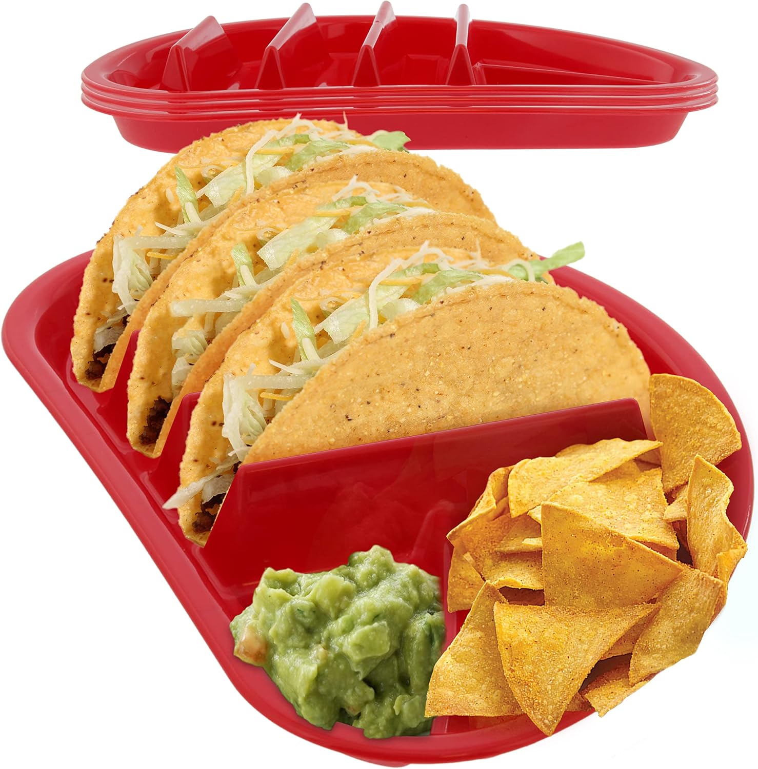 Arrow Home Products Fiesta Taco Plate, 4 Pack - Each Plate Includes 3 Taco Holders Plus 2 Compartments - BPA Free Plastic, Made in the USA, Dishwasher Safe - Red
