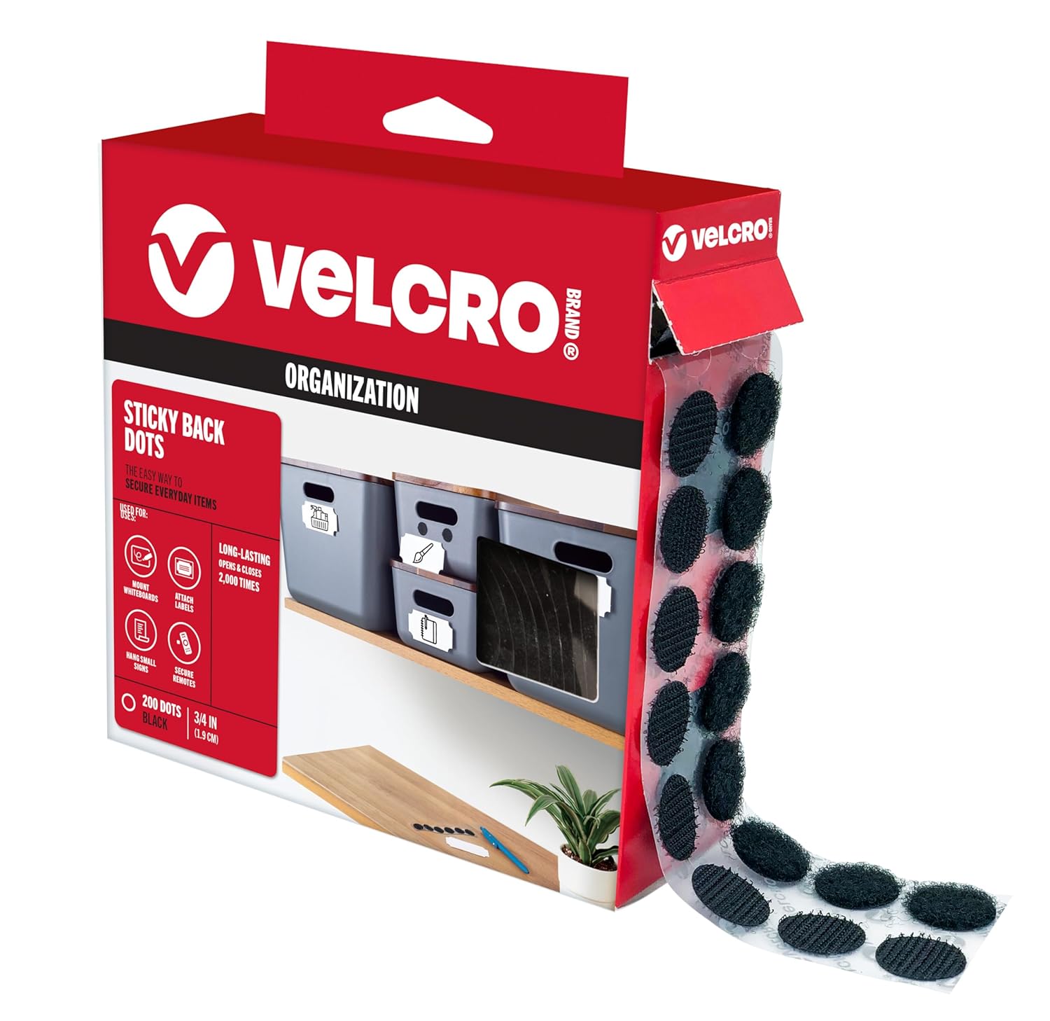 VELCRO Brand 91823 Sticky-Back Fasteners, 3/4-Inch Dia. Coins, Black, 200/BX