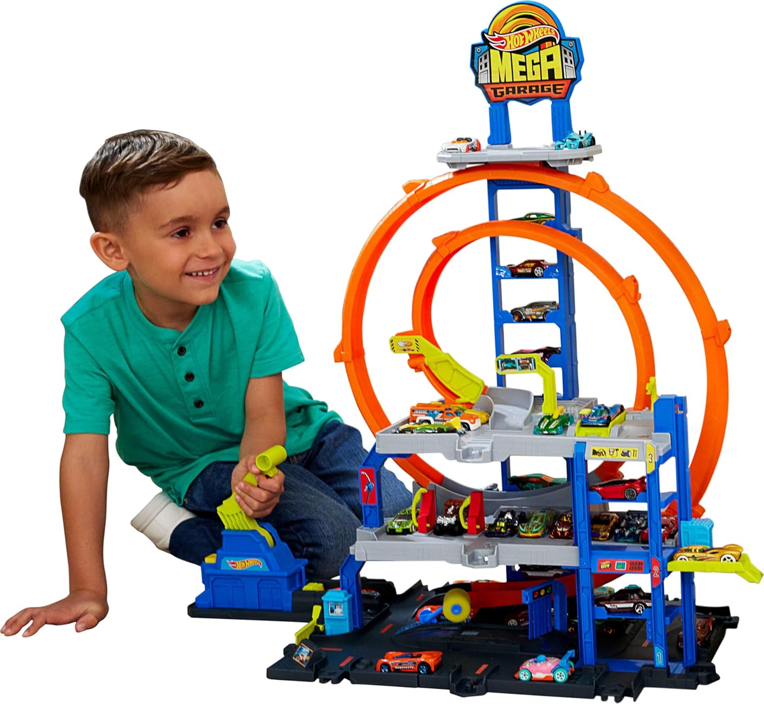Hot Wheels Toy Car Track Set with Die-Cast Car & Helicopter, 2 Loops, Storage for 37 1:64 Scale Vehicles, Speed Snap Adapters, Mega Loop Garage, JLC05