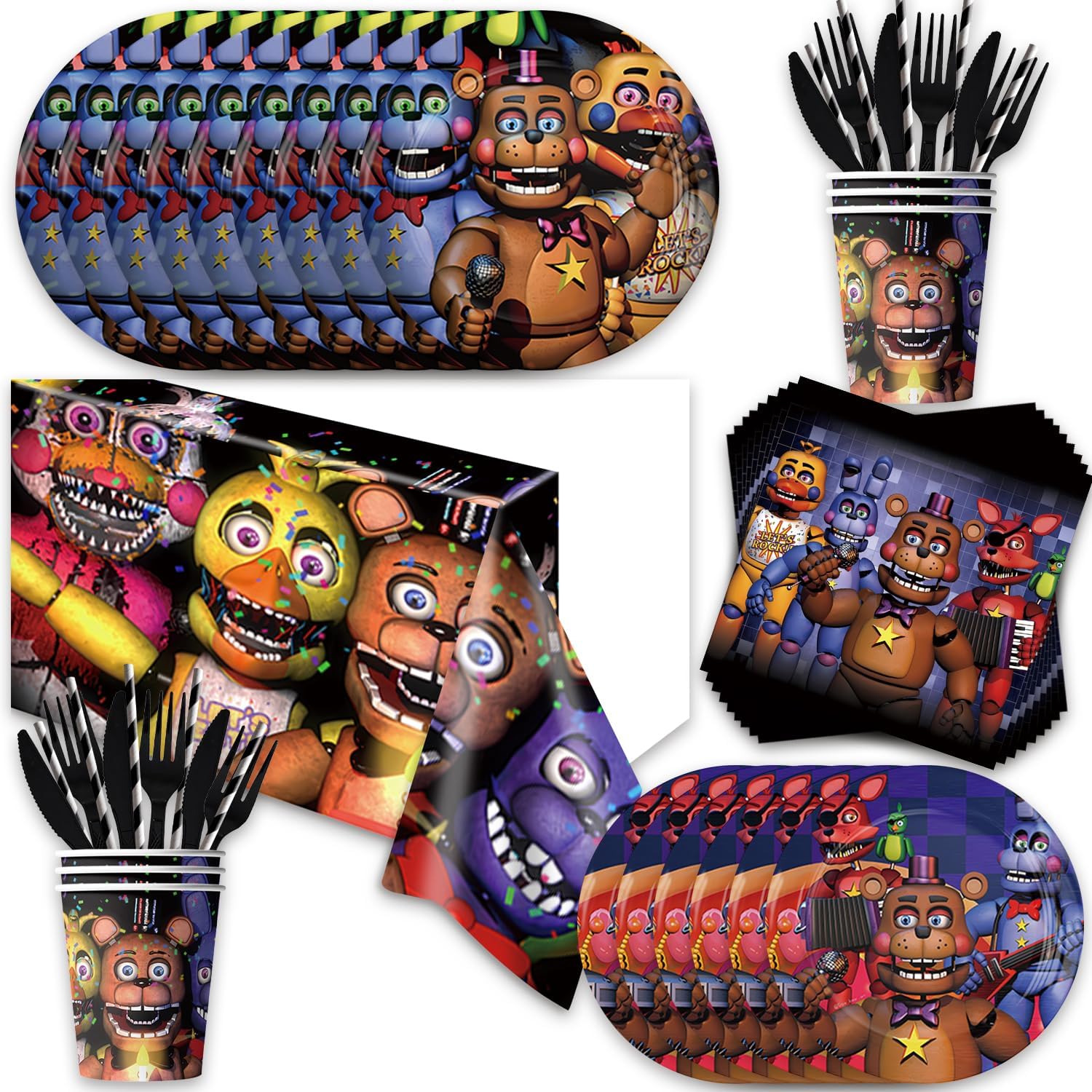 141Pack Five Nights birthday Party Supplies include 7''plates,9'' plates,Tablecloth,Forks,Kinfes,Spons,napkins，cups for the Five Nights party decoration