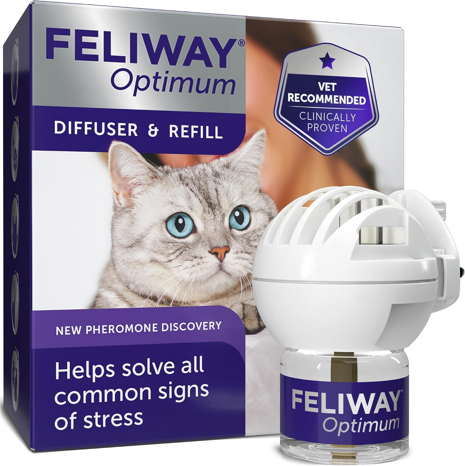 Feliway Optimum 30 Day Cat Calming Odourless Plug-In Pheromone Diffuser Starter Kit, 48ml - Helps Solve Signs of Stress in Cats and Kittens, Veterinary Recommended, Drug-Free, Clinically Proven