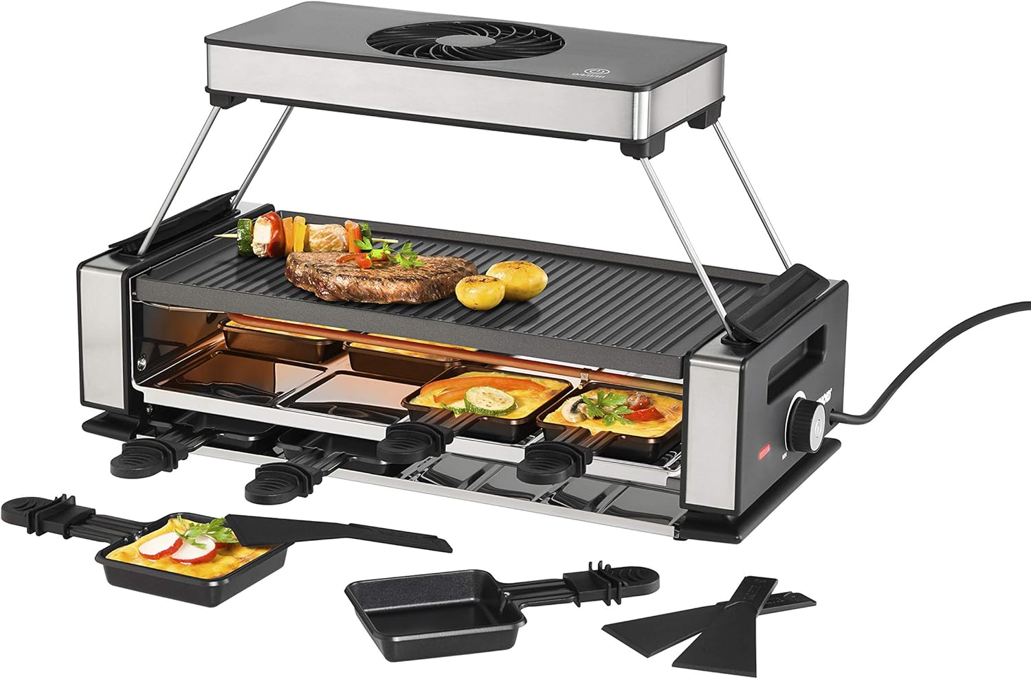 Unold Smokeless Electric Raclette & Grill 48785 - Extraction Hood with Carbon Filter - Reversible Grill/Griddle Plate - 1200W - For up to 8 Persons