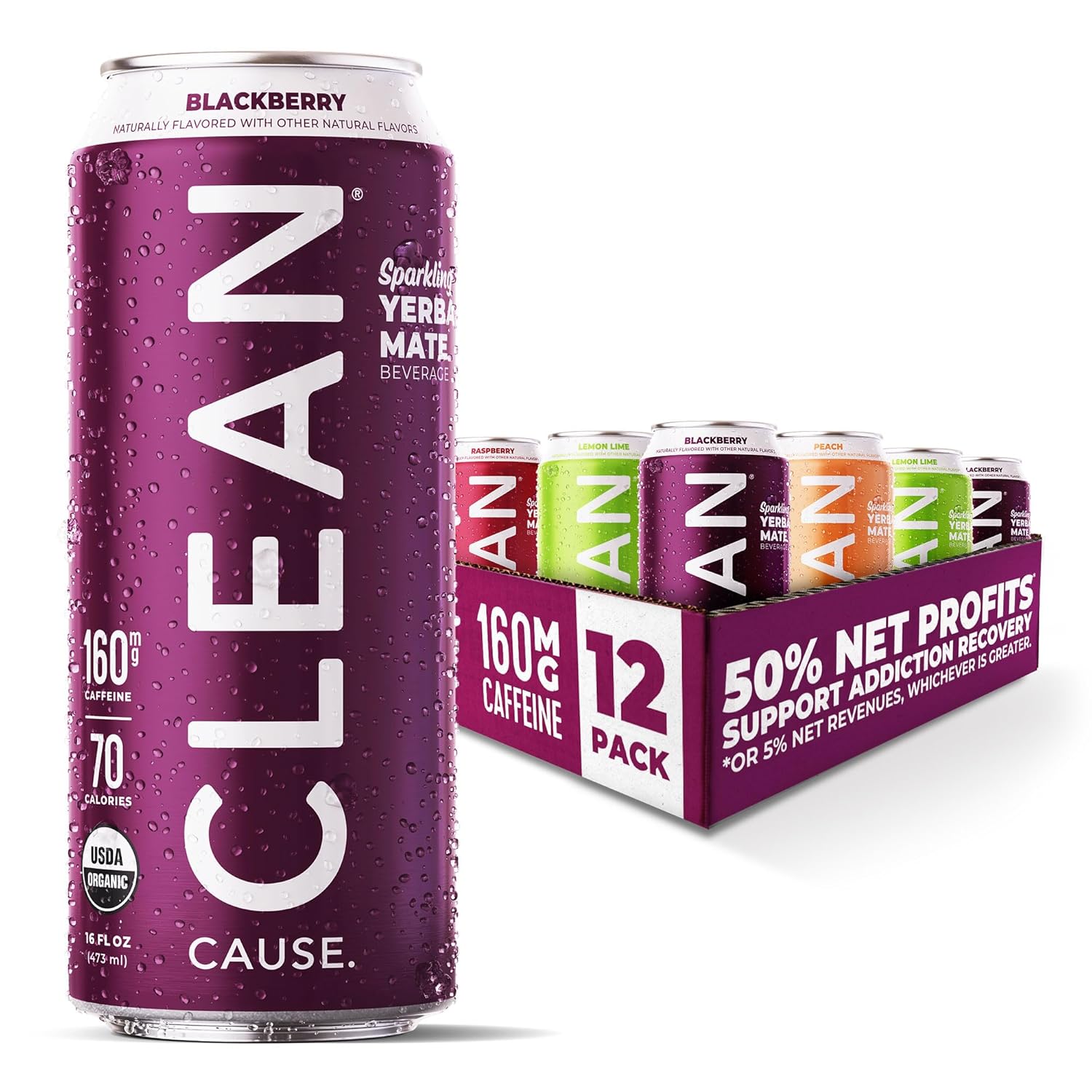 CLEAN Cause Low Calorie Variety Pack Sparkling Yerba Mate Tea, 160mg Caffeine, Organic, Low Sugar, Healthy Alternative to Energy Drinks (16oz cans, 12-Pack Case)