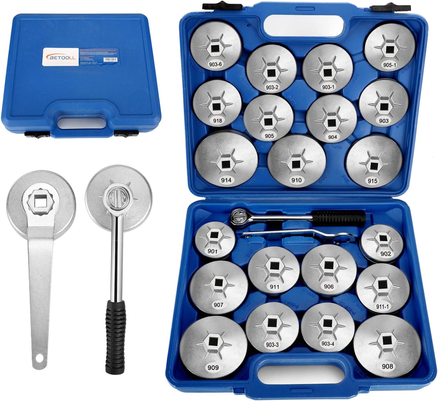 BETOOLL 23pcs Oil Filter Wrench Set, Oil Filter Socket Set with 65, 67, 72, 73, 74, 75, 76, 79, 84, 89, 91, 92, 95, 101mm, Compatible with Toyota VW BMW GMC Sierra Ford Volvo