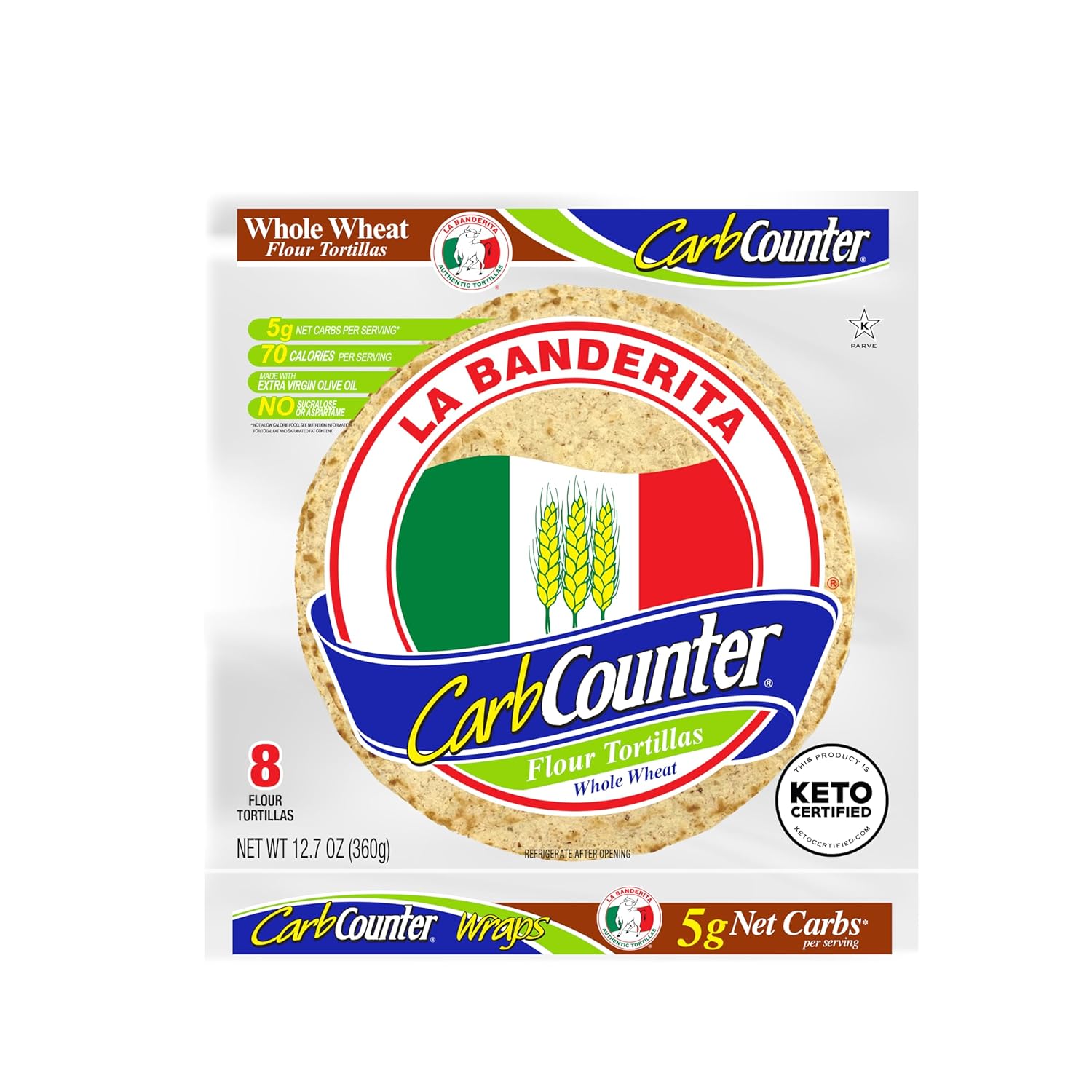 La Banderita Carb Counter | Whole Wheat Flour Tortillas | 8" Size | 8 Count Each Pack | (Pack of 12 per Case)
