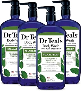 Dr Teal's Body Wash with Pure Epsom Salt, Relax & Relief with Eucalyptus & Spearmint, 24 fl oz (Pack of 4) (Packaging May Vary)
