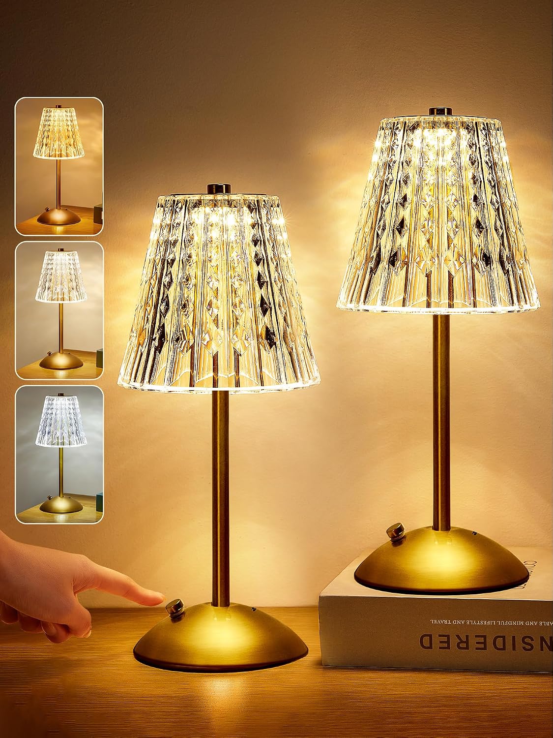 One Fire Nightstand Lamps Set of 2, Dimmable Crystal Table Lamp 3 Colors Gold Lamp,Touch Lamp Bedroom Lamps, Rechargeable Small Lamp, Bedside Lamps Set of 2 for Bedroom Living Room Bathroom Hotel Bar