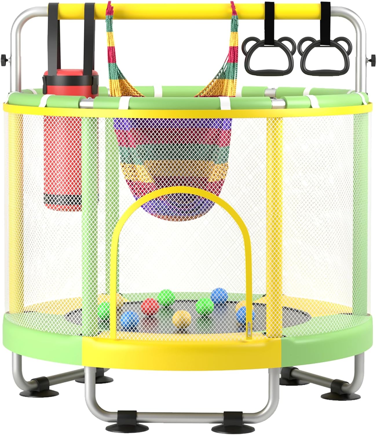 55" Trampoline for Kids with Enclosure, 440lbs Capacity Indoor & Outdoor Toddler Trampoline with Adjustable Gymnastics Bar & Toys, for Boys & Girls