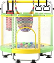55" Trampoline for Kids with Enclosure, 440lbs Capacity Indoor & Outdoor Toddler Trampoline with Adjustable Gymnastics Bar & Toys, for Boys & Girls
