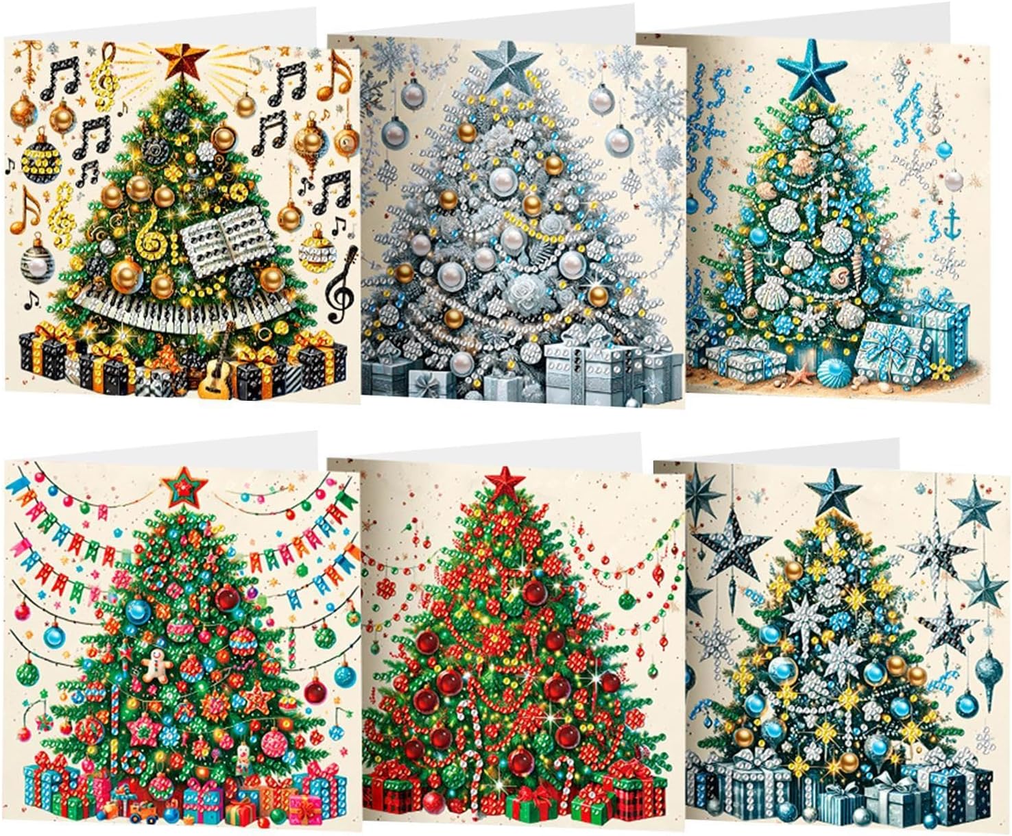 Rhinestone Art Christmas Cards - Christmas Cards with Rhinestone Painting, Christmas Tree Card, Colorful Christmas Greeting Cards - Christmas Tree, Diamond Painted Greeting Cards, Set of 6