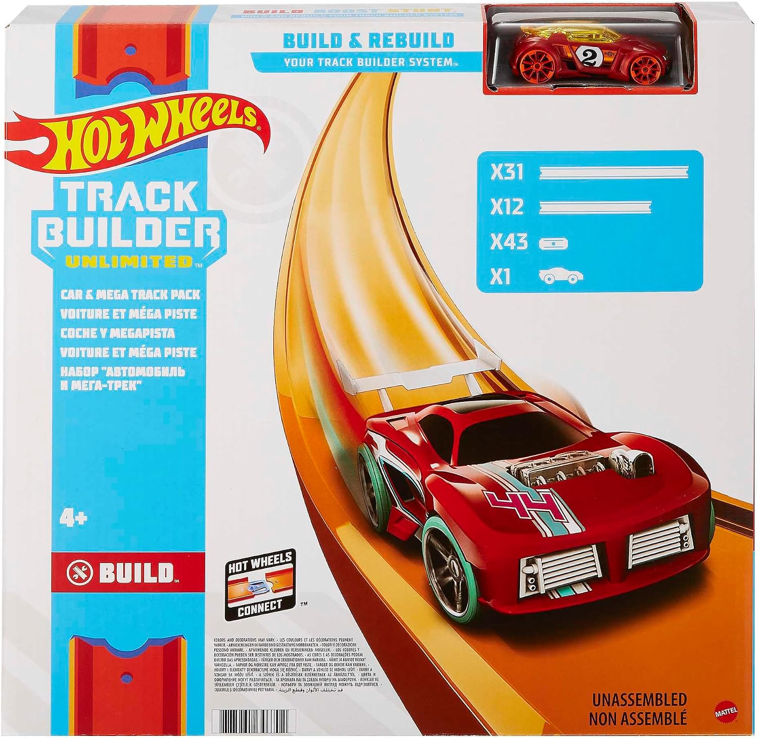 Hot Wheels Toy Car Mega Track Set Pack Age 4+, 87 Component Building Parts for 40-ft of Track & 1:64 Scale Vehicle (Amazon Exclusive), FTL69