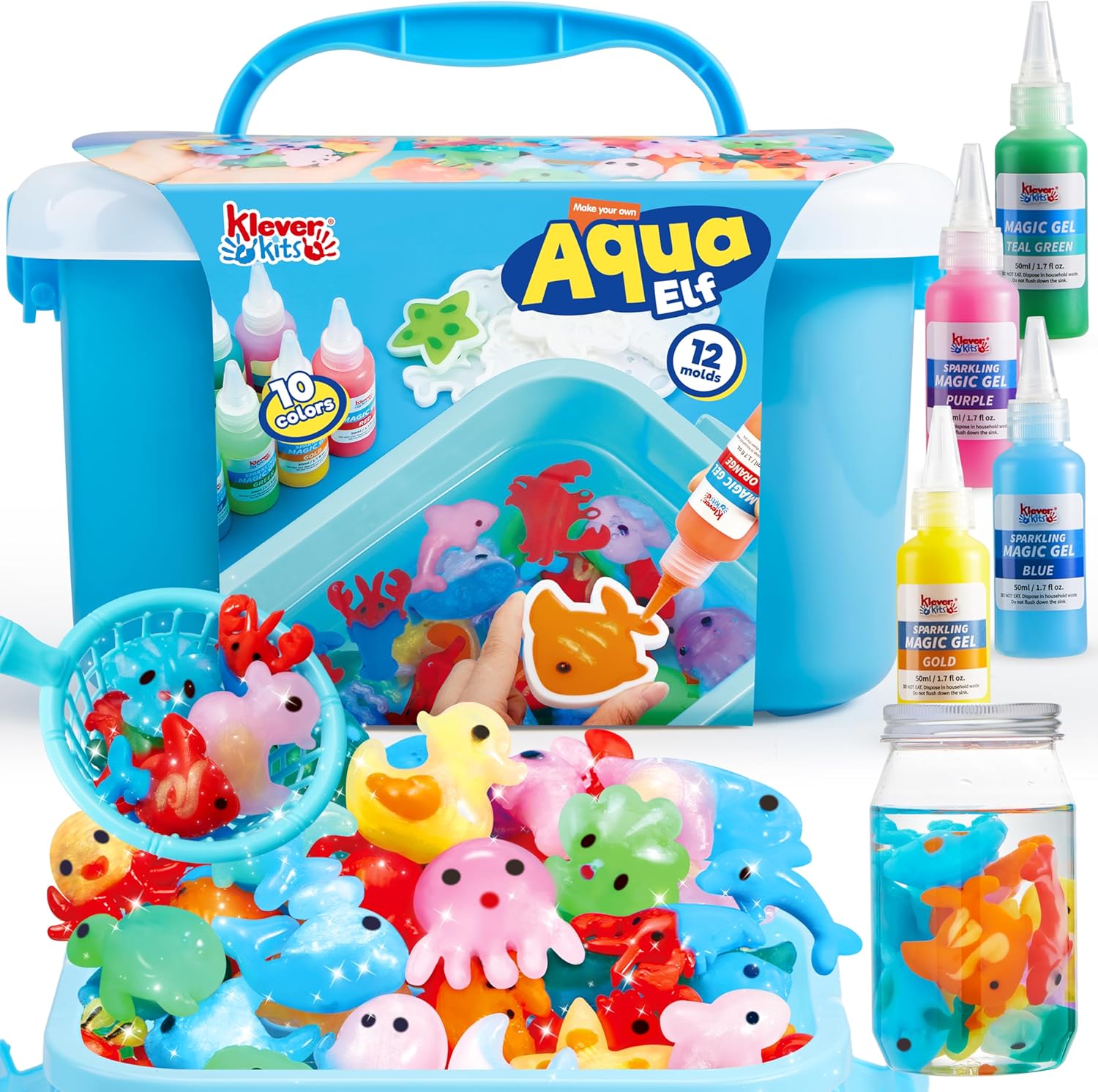 Klever Kits Water Gel Kit, Magic Fairy Water Gel Toy Kit with 10 Gels, 12 Molds, Preserving Bottle for Presents, Party Favors, Birthday Gifts, Arts & Crafts DIY STEM Kits for Kids