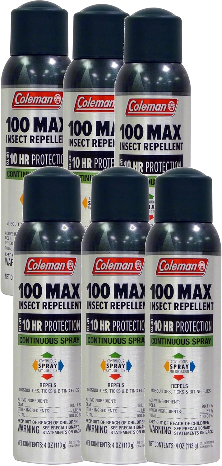 Coleman 100% MAX DEET Insect Repellent Spray – 6 Pack, Continuous Spray, Long-Lasting Protection from Mosquitoes, Ticks & Biting Insects, 4 oz Each
