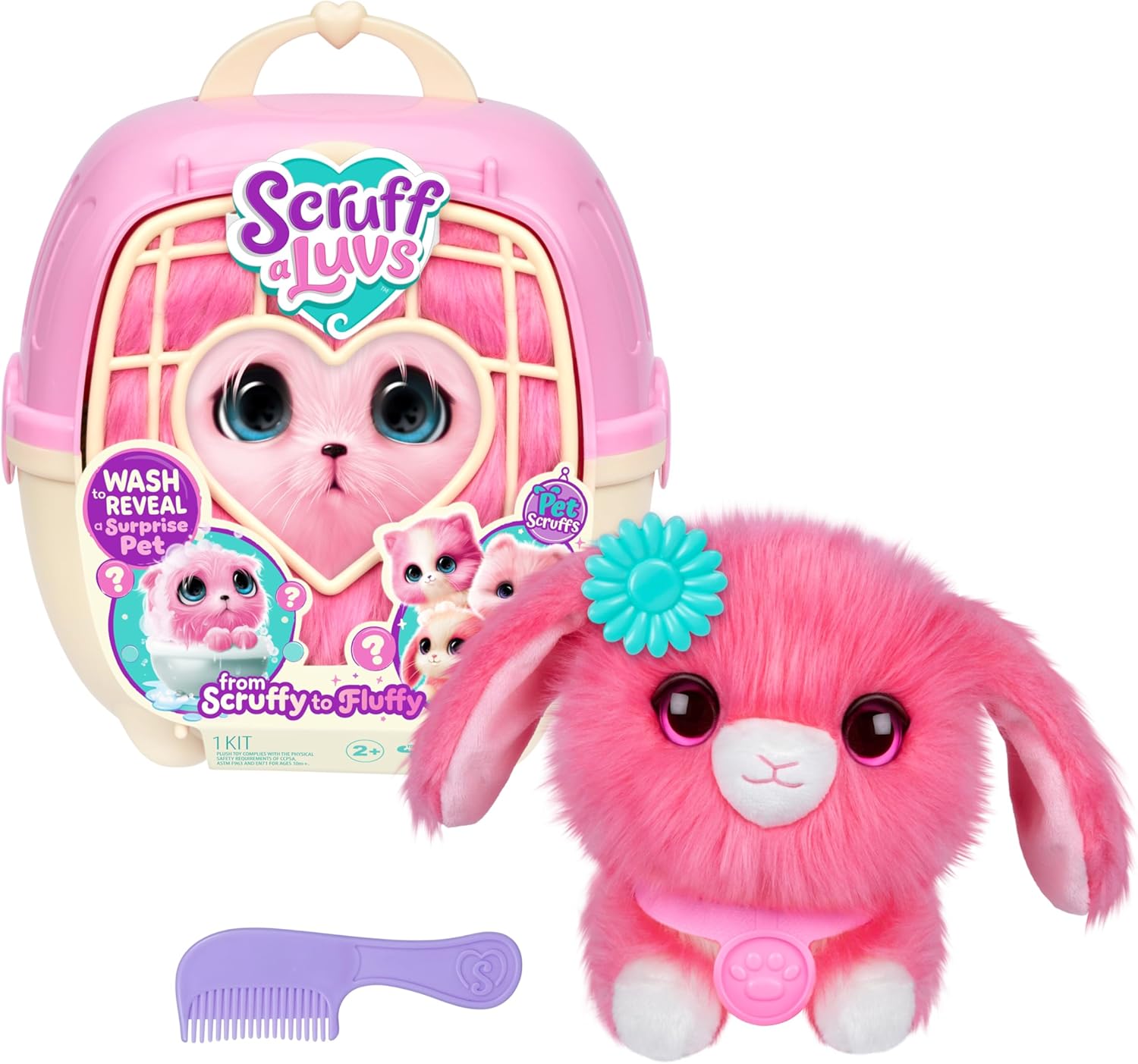 ScruffaLuvs Pet Scruffs Pink - Mystery Plush Toy, 7.5" Tall - Wash to Reveal 1 of 3 Rescue Pets: Puppy, Bunny, or Kitty - Includes 8.7" Deluxe Pet Carrier