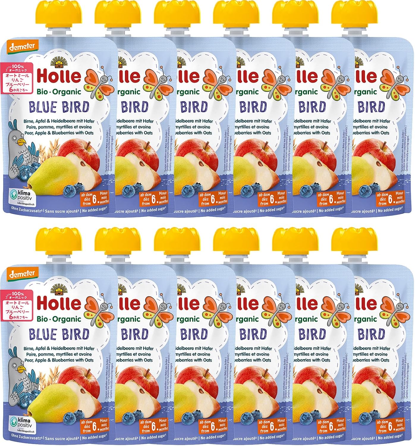 Holle Blue Bird - Pouch pear, apple & blueberries with oats, pack of 12