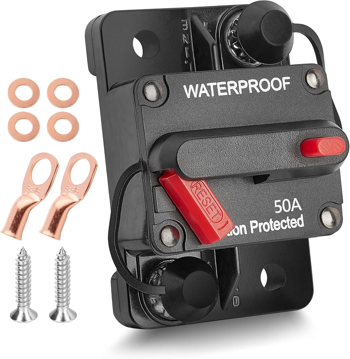 RED WOLF 50A Amp Circuit Breaker for Boat Trolling Motor Marine ATV Vehicles Stereo Audio Battery Solar System Inline Fuse with Manual Reset Switcher DC 12V-48V