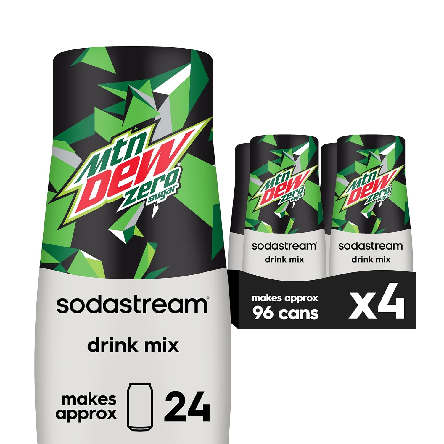 SodaStream - Mountain Dew Zero Sugar Drink Mix | For Sparkling Water Makers | Sugar-Free, 0 Calories | Caffeine: 48mg/12oz | Makes 96 Servings | 14.9 Fl Oz, Pack of 4