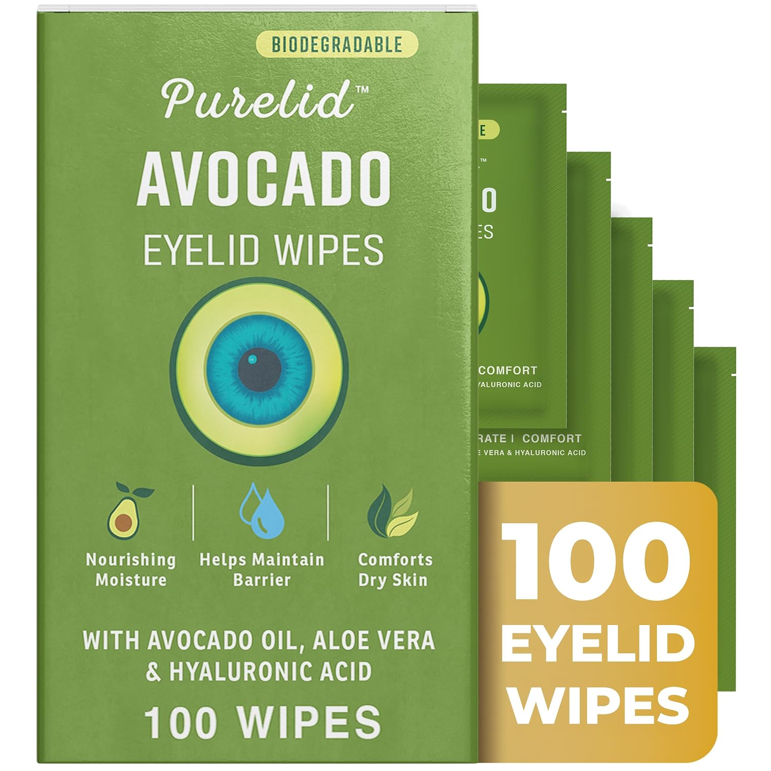 100 Pcs Avocado Eyelid Wipes for Daily Eye Hygiene & Gentle Cleansing for Dry & Sensitive Eyelids, Nourishing with Avocado Oil, Aloe Vera & Hyaluronic Acid, pH Balanced, Biodegradable Wipes