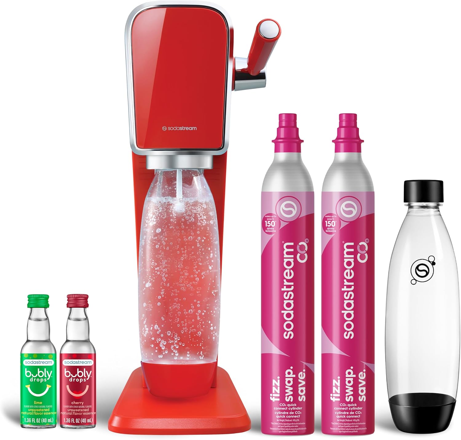 SodaStream - ART Sparkling Water Maker | VALUE BUNDLE | CQC CO2 system | Includes 2x CO2 Cylinders, 2x 32 Fl Oz Dishwasher Safe Bottles, 2x Bubly Flavor Drops | Combine with Flavors | Mandarin Red