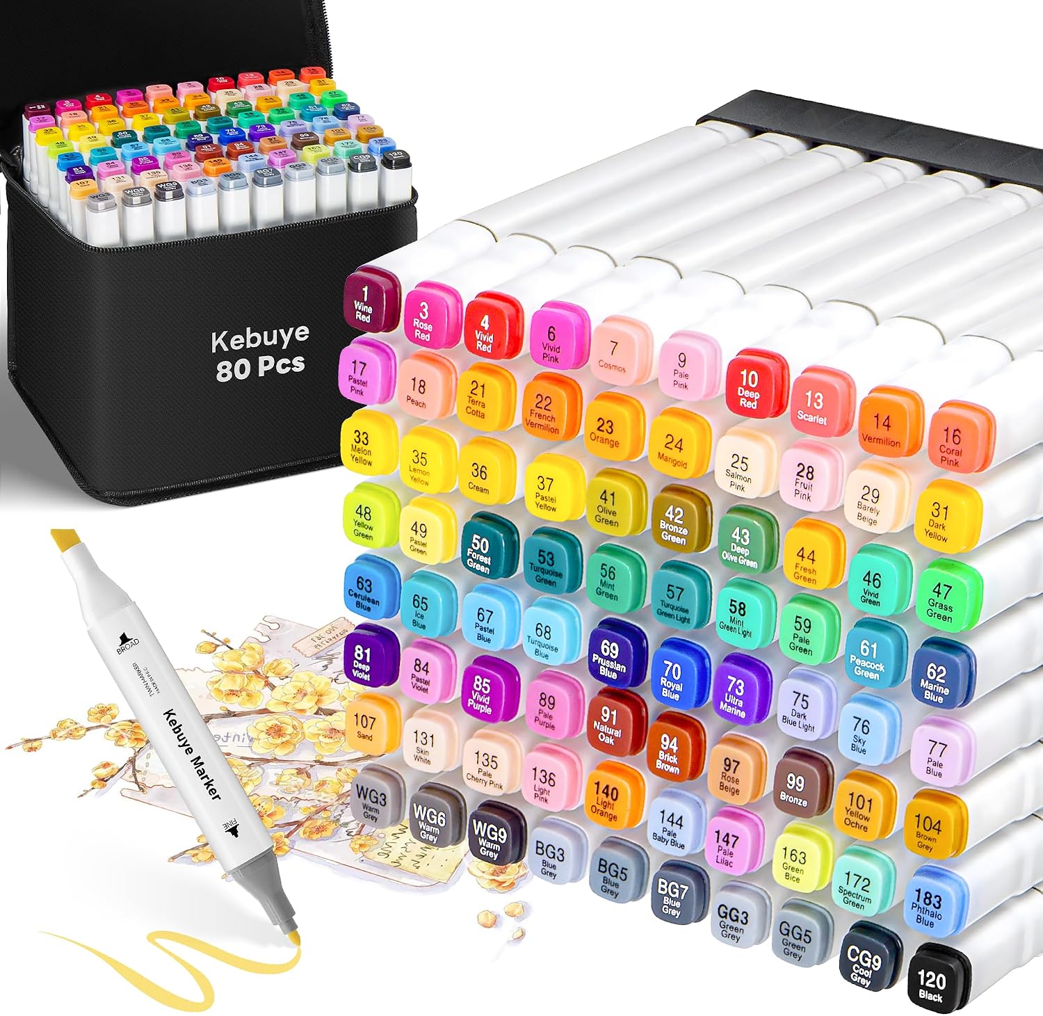 Kebuye Alcohol Markers Set 80 Colors, Art Markers for Adult Coloring Dual Tip Permanent for Drawing Sketching, Alcohol Based Markers with Case Perfect for Adult Artists Students Gift