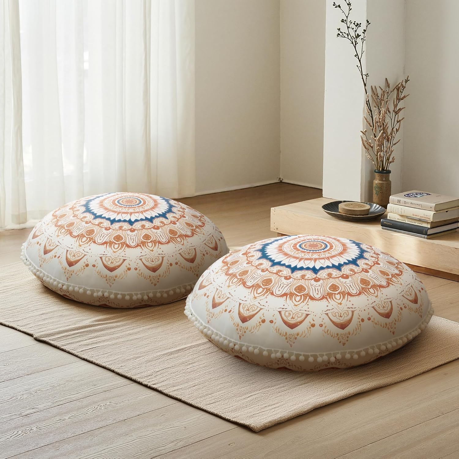 32-Inch Round Meditation Cushion for Adults Set of 2 – Extra-Thick Large Floor Pillow with Premium Filling, Bohemian Mandala Circle Cushion for Yoga, Living Room, Outdoor Fireplace, Brown