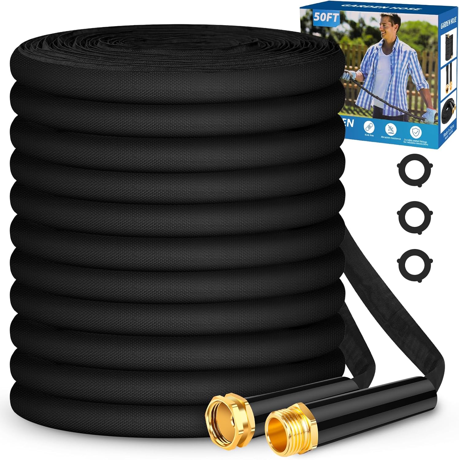 Garden Hose 50ft, Non-Expanding, Lightweight, Leak-Proof Metal interface, No-Knots, Portable, Wear-Resistant, Sturdy, Flexible, 3/4GHT, Water Hose for Yard, Garden