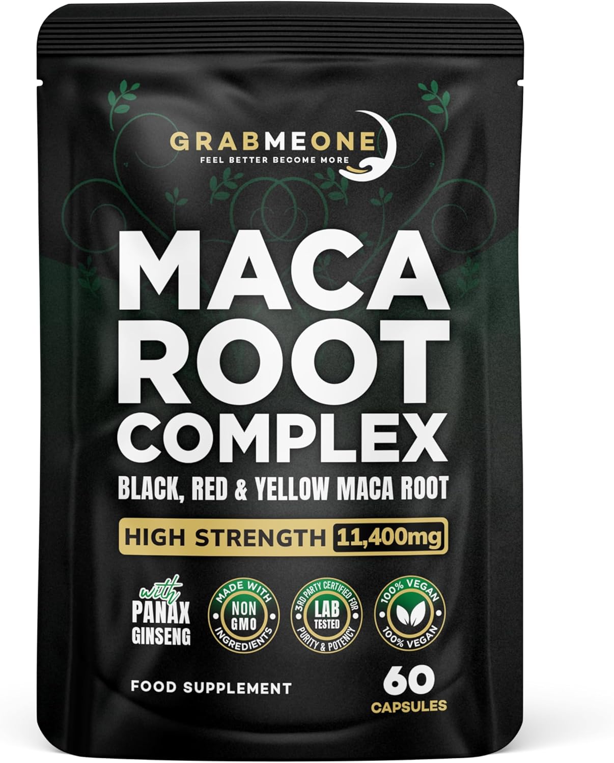 Black Maca Root Complex Capsules - Black Maca, Red Maca & Yellow Maca Root Powder - 11,000mg High Strength, Non GMO Ingredients and 100% Vegan - with Panax Ginseng, Ashwagandha (60)