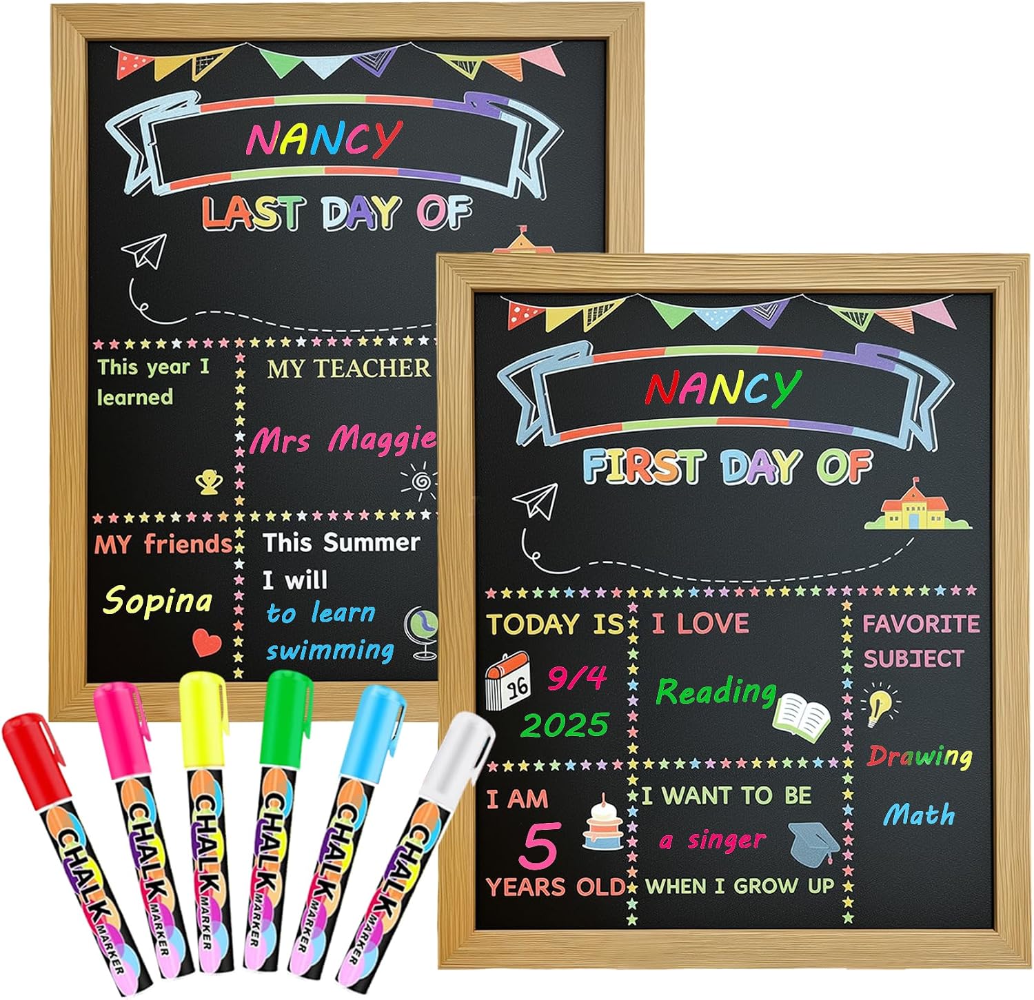 First and Last Day of School Board Sign– Double-Sided Chalkboard 10"x12", Reusable Back to School Supplies with Solid Wood Frame, Includes 6 Colorful Liquid Markers for All Grades Student