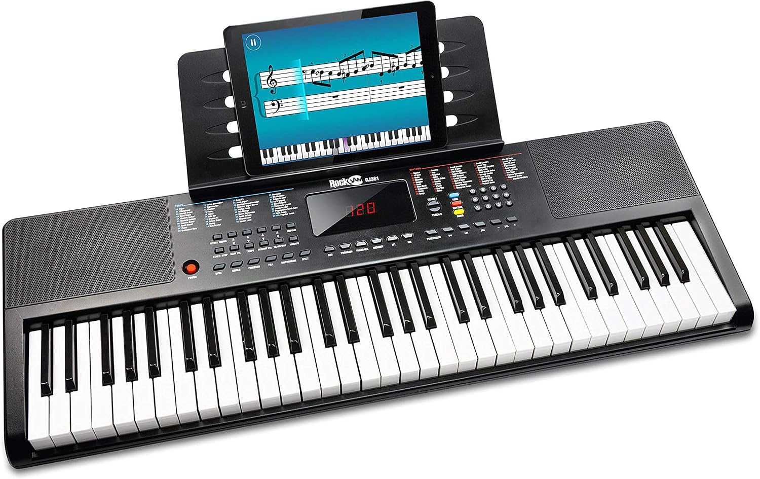 RockJam 61-Key Compact Keyboard with Sheet Music Stand, Power Supply, Piano Note Stickers and Simply Piano Lessons