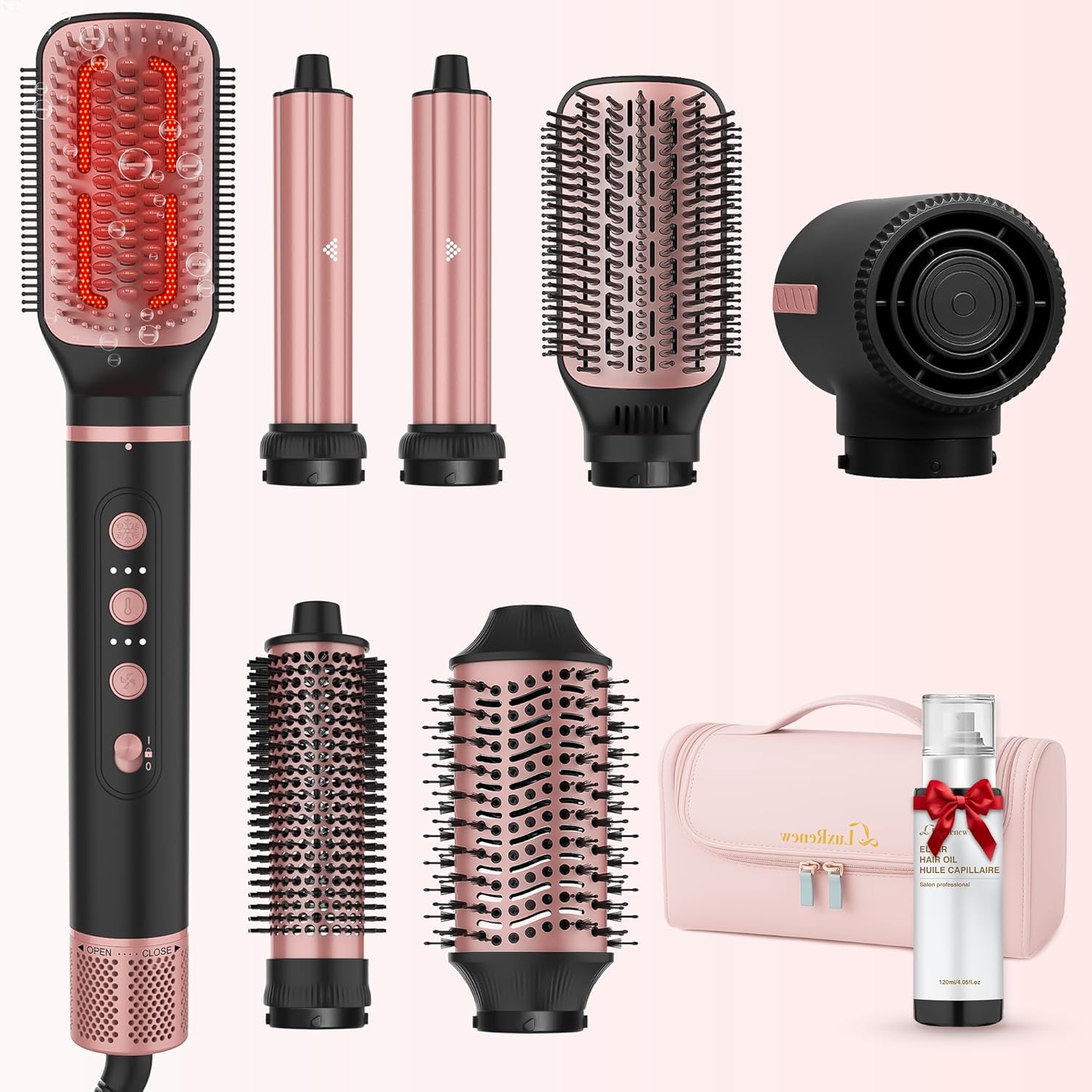 7 in 1 Professional Hair Styling Tool – Hot Air Brush Set, Multi-Styler and Blow Dryer Brush Straightening and Curling, Ionic & Infrared Tech, Cool Shot, 3 Heat & Speed Settings, Includes Travel Bag