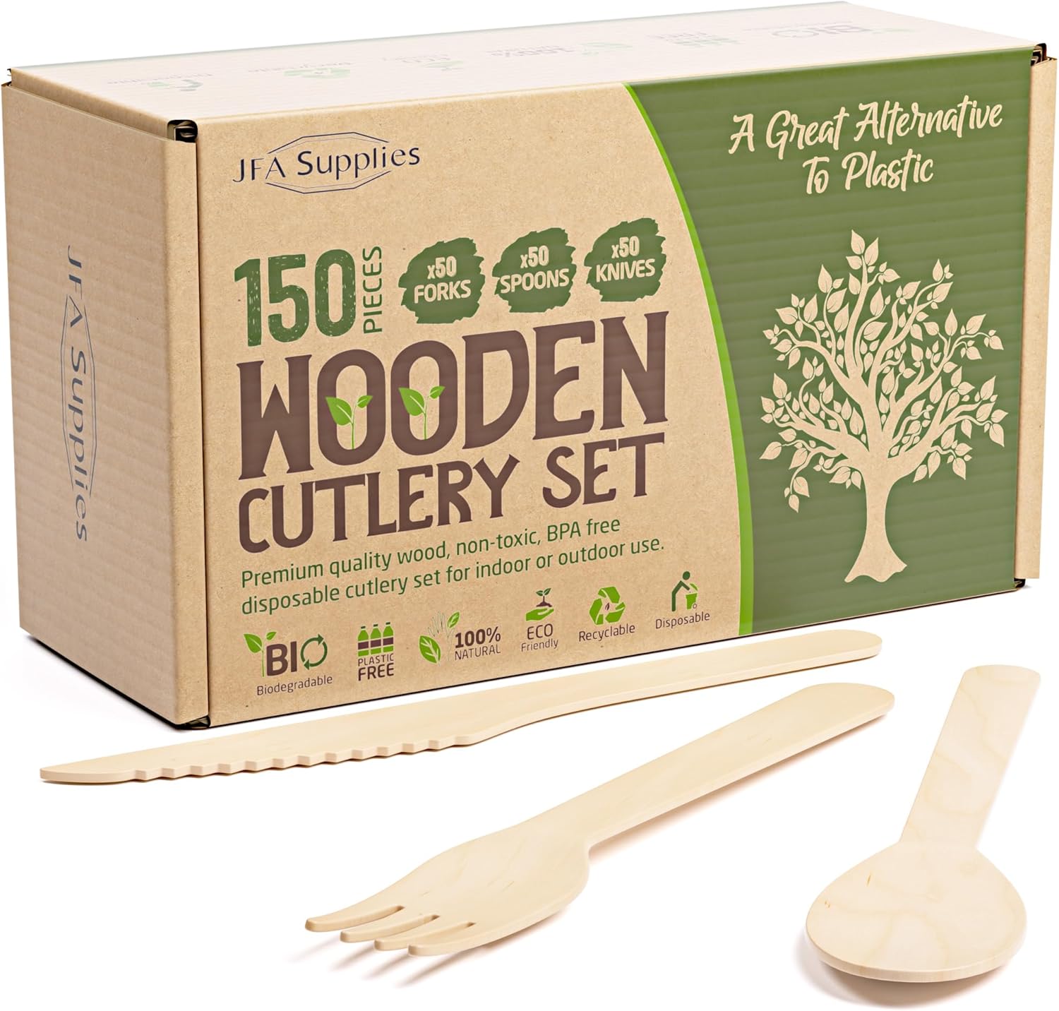 JFA Supplies 150PCS Disposable Wooden Cutlery Set, 50x Forks, 50x Knives, 50x Spoons, Biodegradable, Party, Parties, Picnics