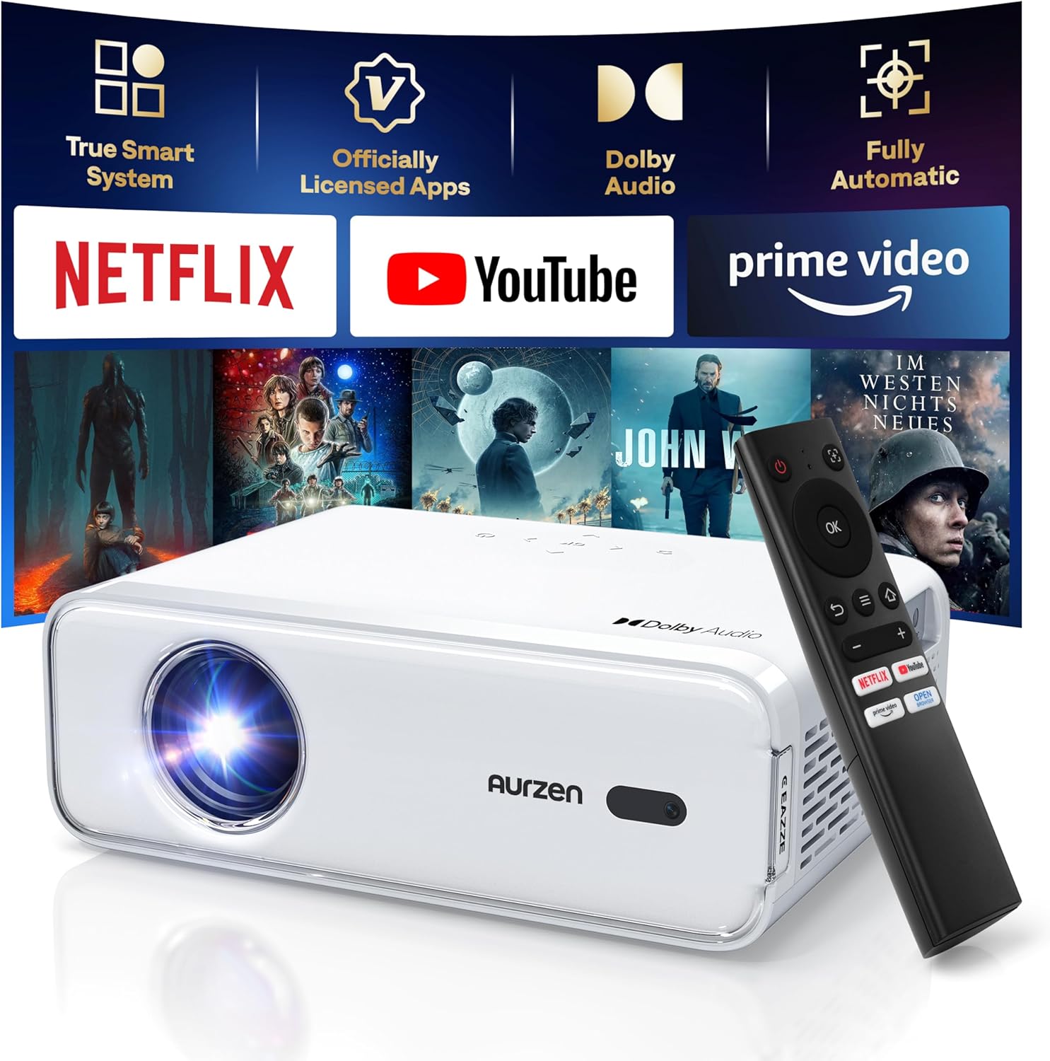 [NetfIix Officially & DoIby Audio] Aurzen Eazze D1 4K Supported Smart Projector with Auto Focus & Auto Keystone, 50% Zoom, HDR 10, 60Hz Portable Projector for iOS/Android/USB/TV Stick,White