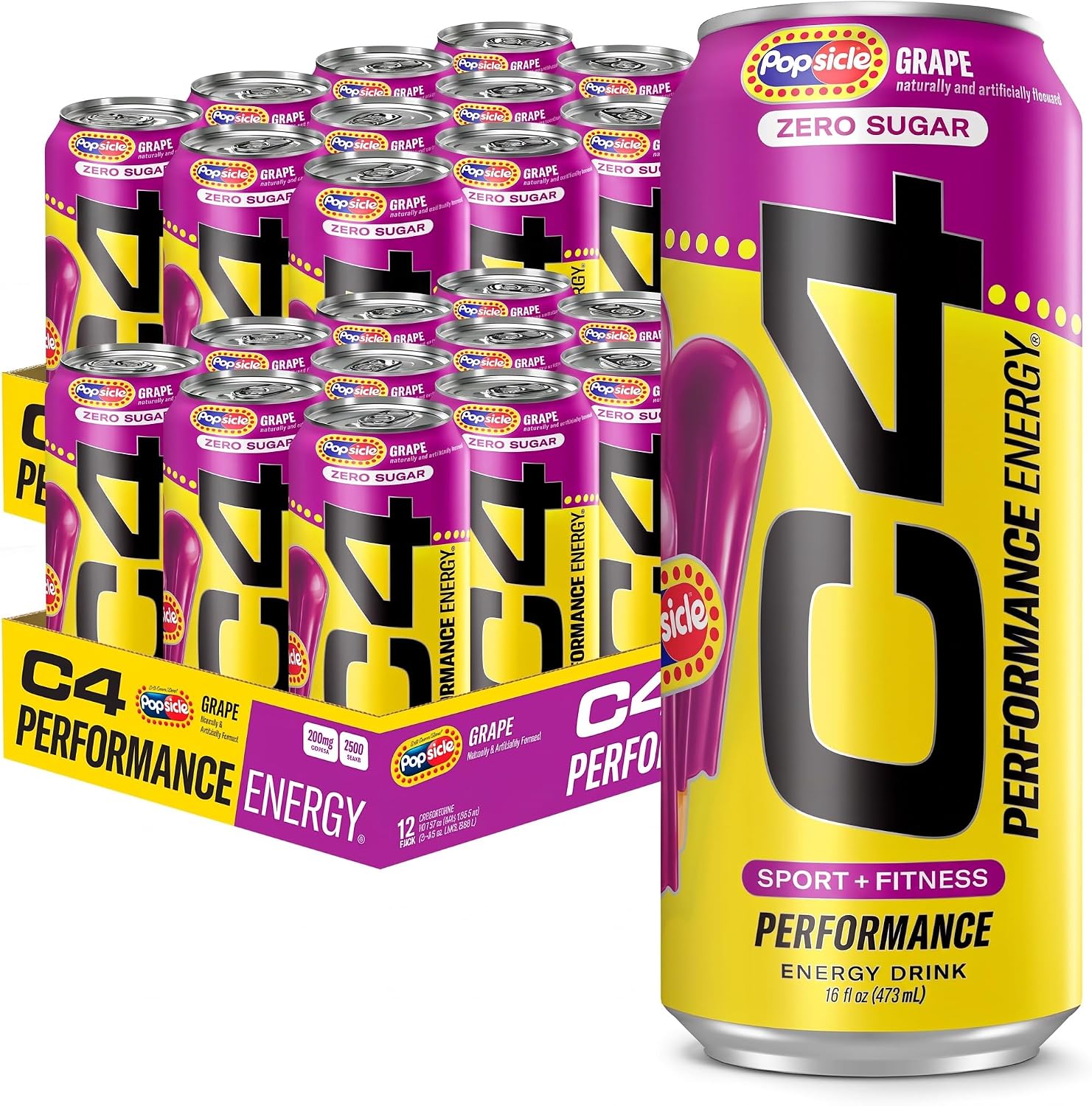 C4 Performance Energy Drink, Grape Popsicle, Zero Sugar Carbonated Preworkout Energy, 200mg Caffeine with Beta Alanine, 16 Fl Oz (Pack of 24)