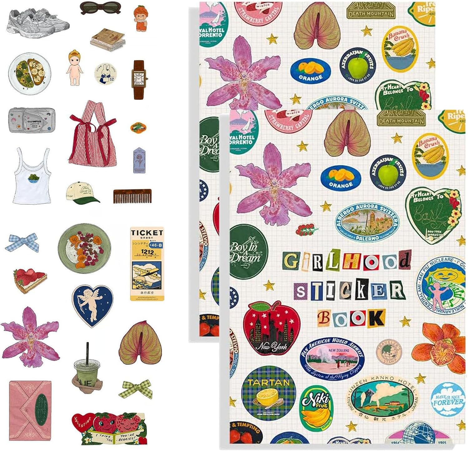 Girlhood Sticker Book, A Complete Walkthrough of Version 2 of The Girlhood Sticker Book, 1260+ Aesthetic Stickers, Fruity Icons & Pastel Letters Tickets, DIY Gift for Your Journals (2Pcs)