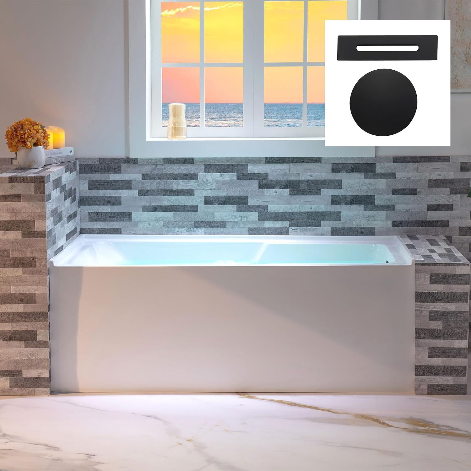 WOODBRIDGE 60" Acrylic Rectangular Alcove Soaking Bathtub in White with Right Drain, Matte Black Pop-Up Drain Included BA6030R