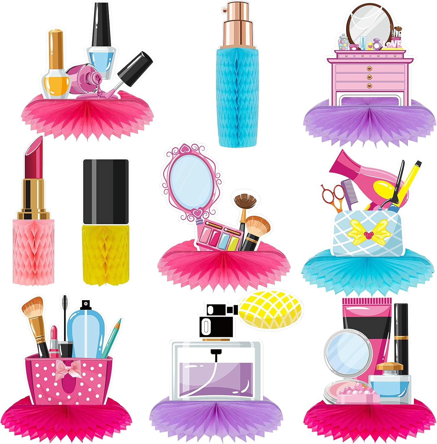 Censen 10 Pieces Spa Party Decorations Honeycomb Centerpieces Make up Table Topper 3D Cosmetics Nail Lipstick Girl Theme Photo Booth Props for Spa Birthday Anniversary Party Supplies