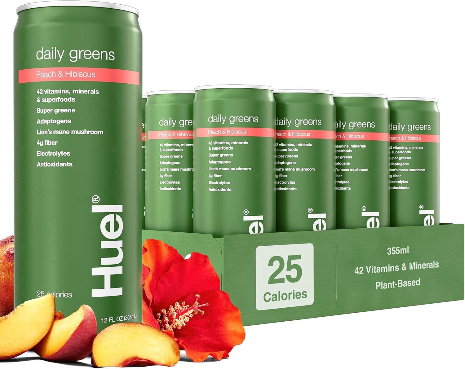 Huel Daily Greens Ready-to-Drink | Superfood Super Greens | 4g Fiber | Peach Hibiscus | 12 fl oz - 12 Pack | 42 Vitamins, Minerals, and Superfoods | Adaptogens, Antioxidants, & Probiotics