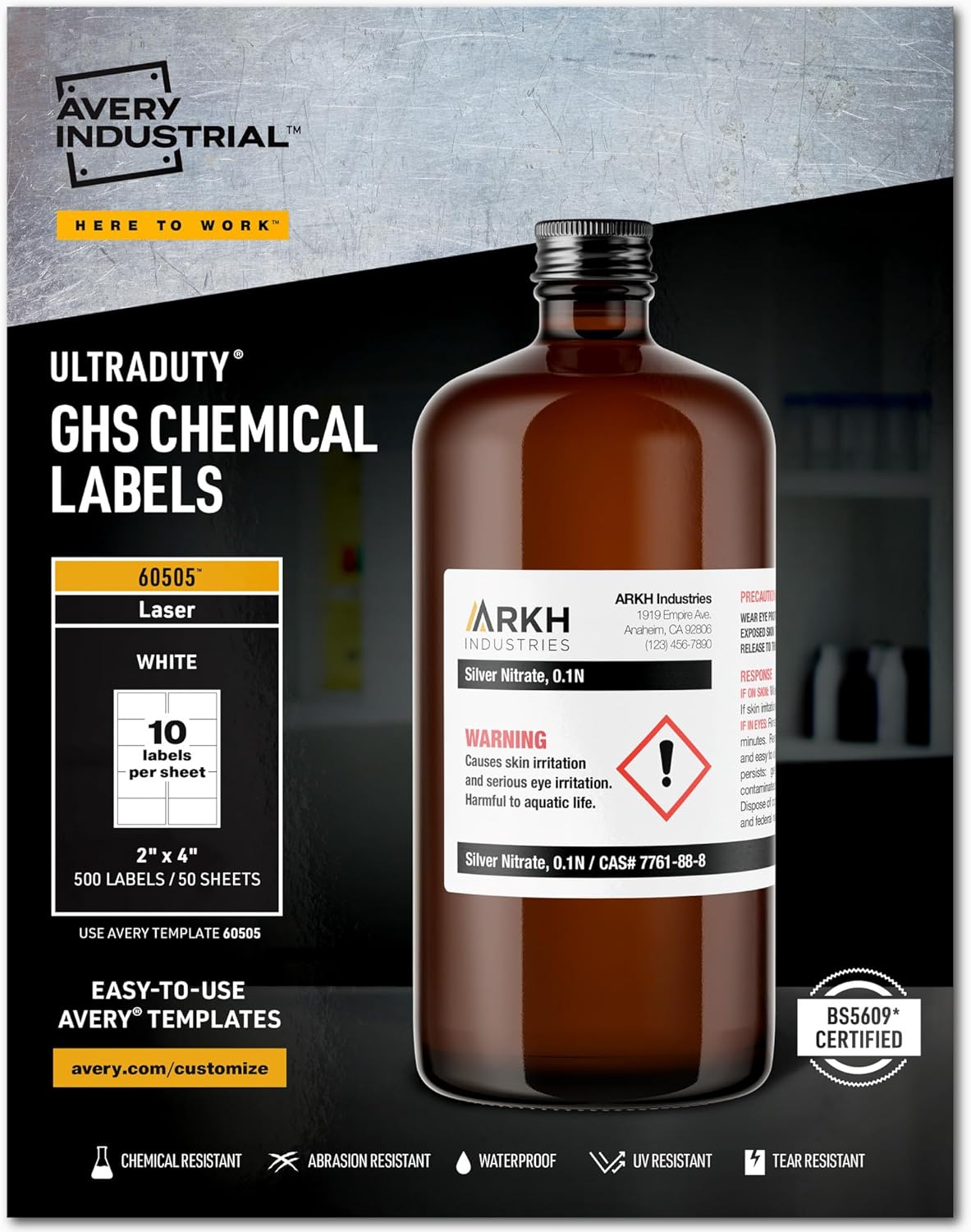 Avery UltraDuty GHS Chemical Labels for Laser Printers, Waterproof, UV Resistant, 2 x 4, 500 Pack (60505)