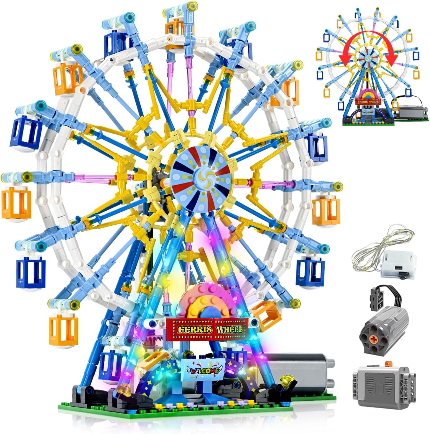 Rotating Ferris Wheel Building Blocks Set Toys with Lighting Kit, Adult Architecture Sets, Construction Toys, Carnival Amusement Park Kits, Gift for 9, 10,11, 12 Year Kids Boys& Girls (813pcs)