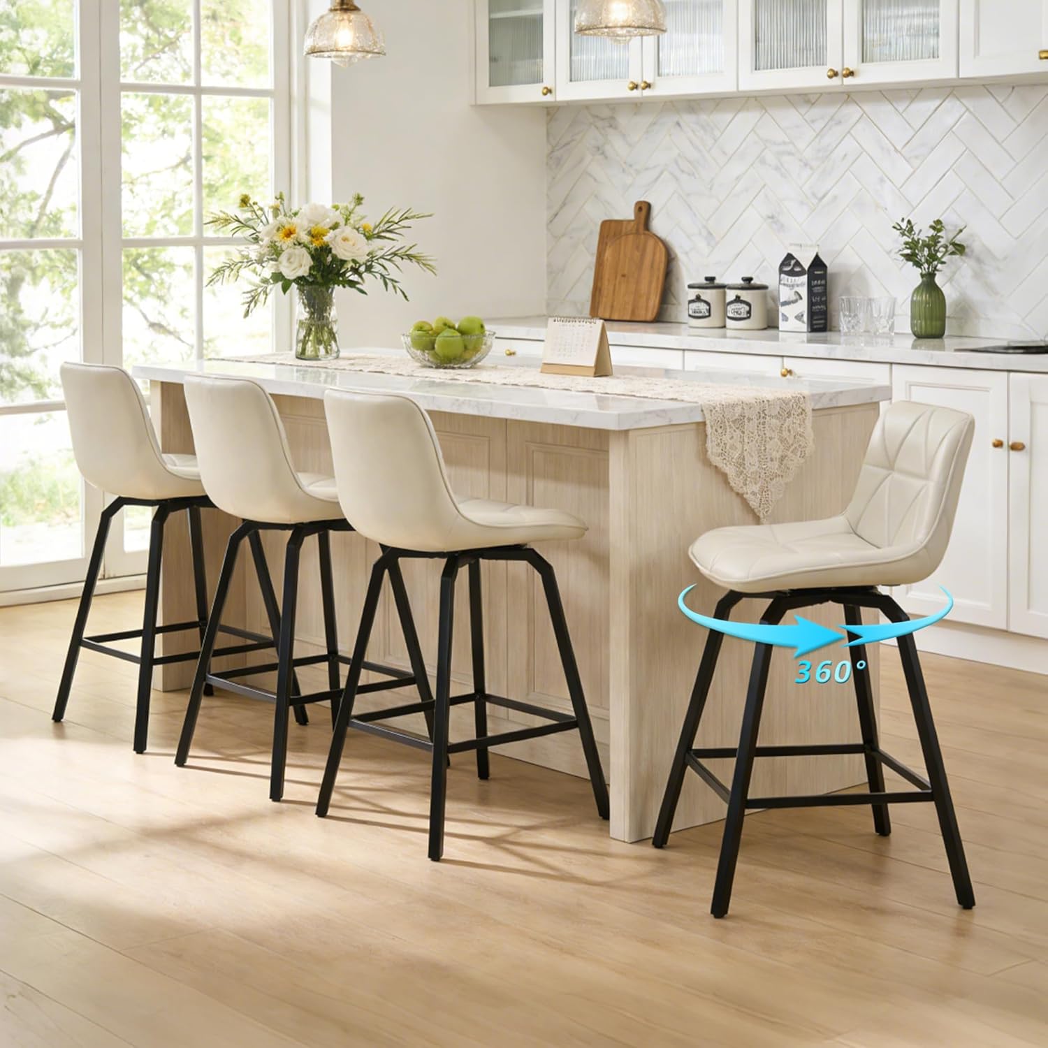 ClinQ 26" Counter Height 360° Swivel Bar Stools Set of 4, Triangular Patterned Faux Leather Seat, Metal Legs Back, Barstools for Kitchen Counter & Island Chairs, Antique White